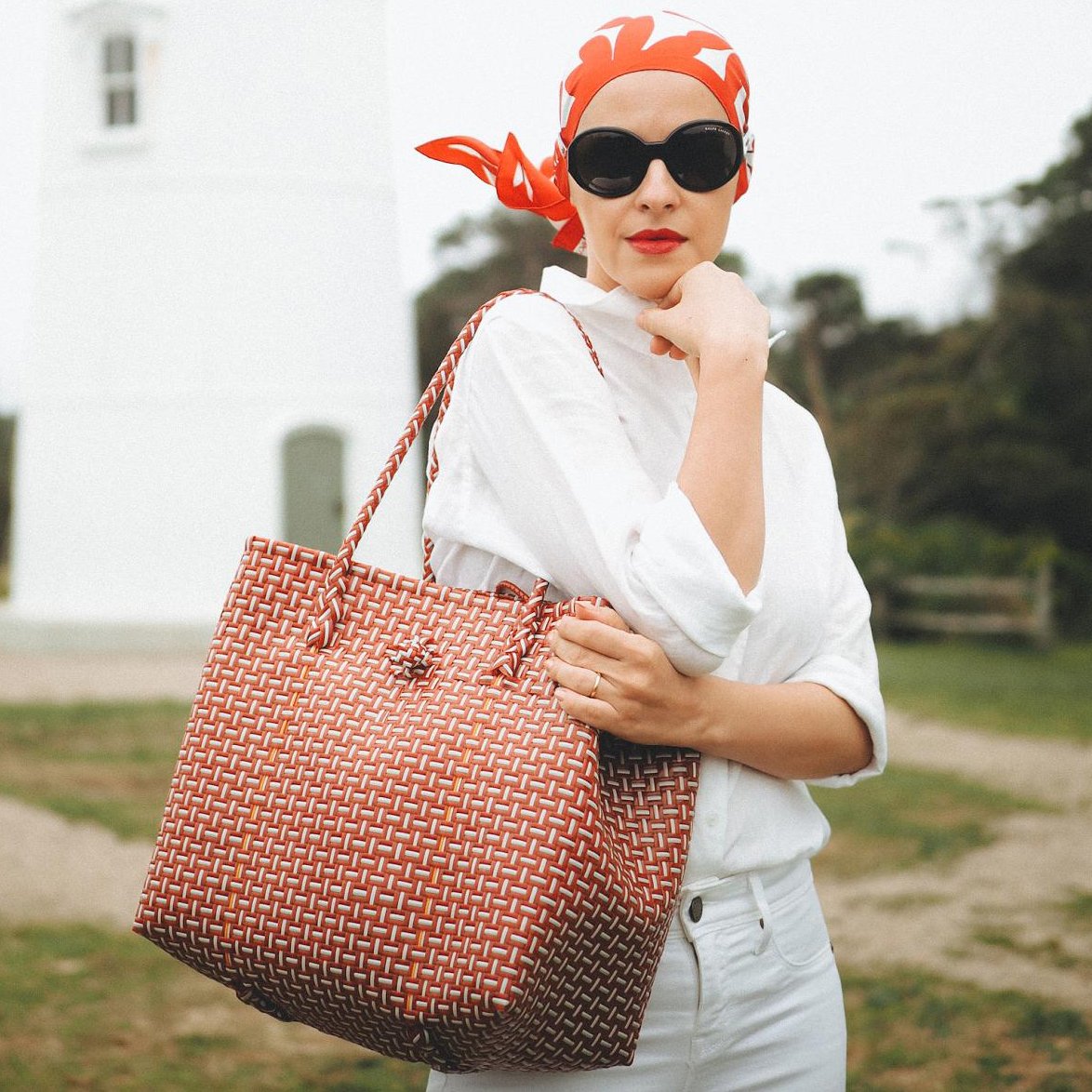 BAZARA Recycled Woven Tote Bag, Red & White