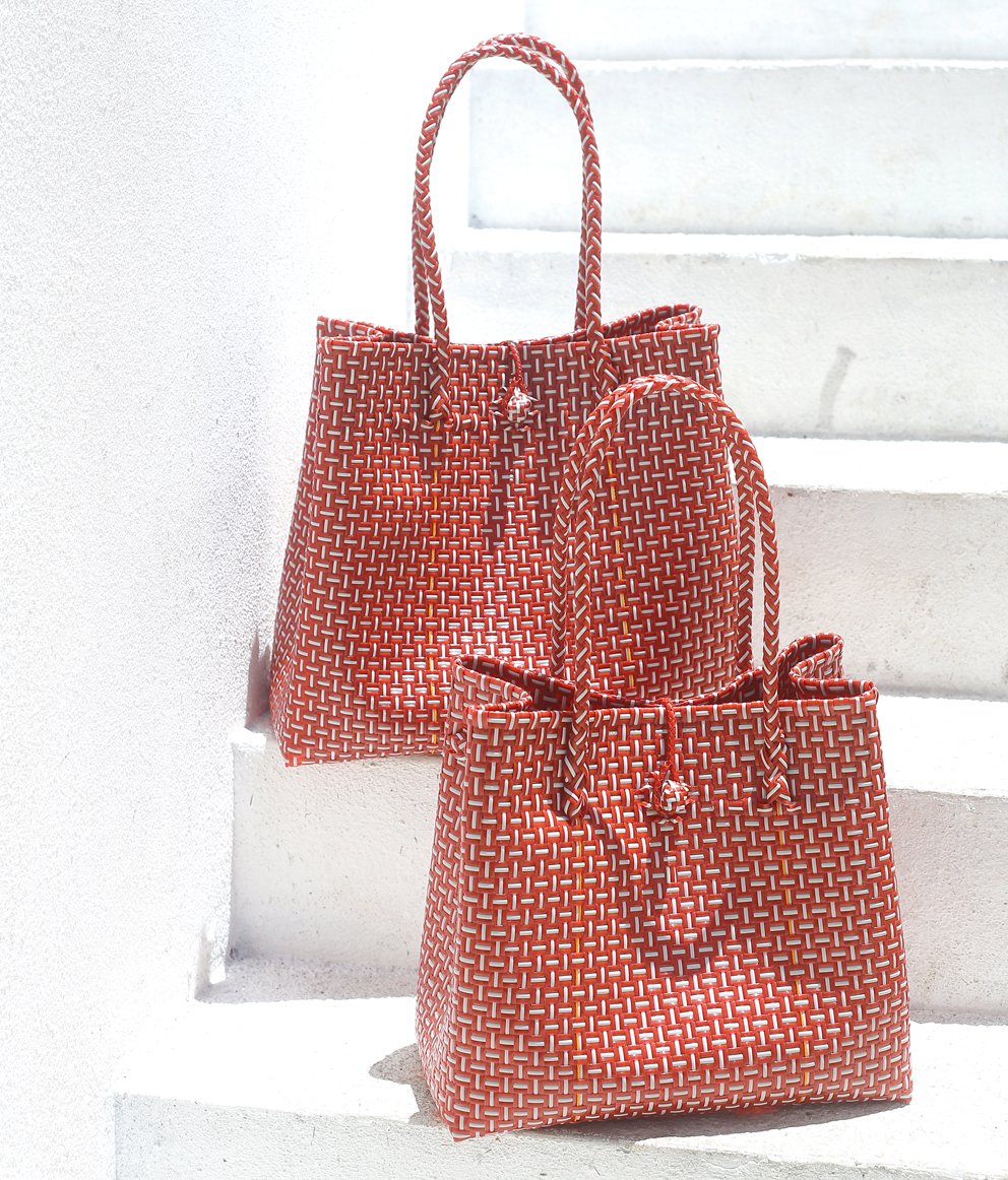 BAZARA Recycled Woven Tote Bag, Red & White