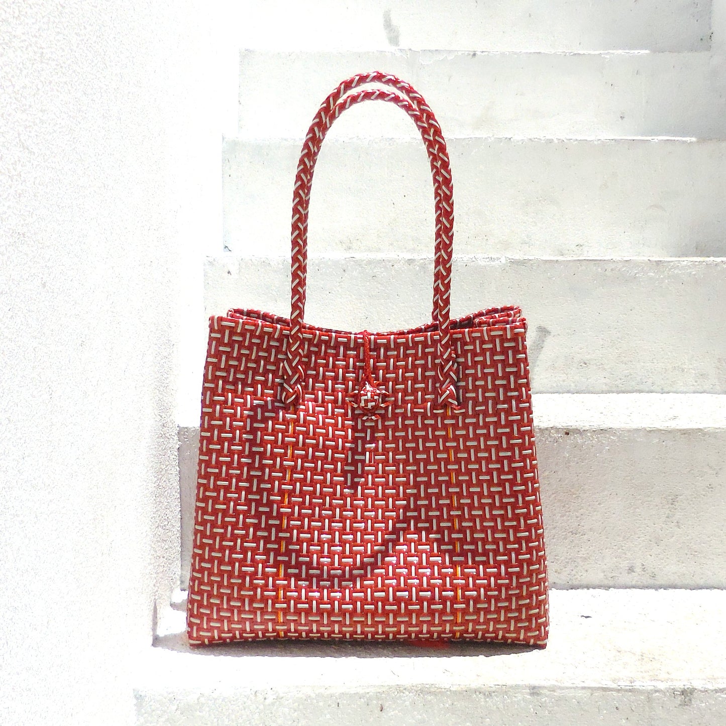 BAZARA Recycled Woven Tote Bag, Red & White