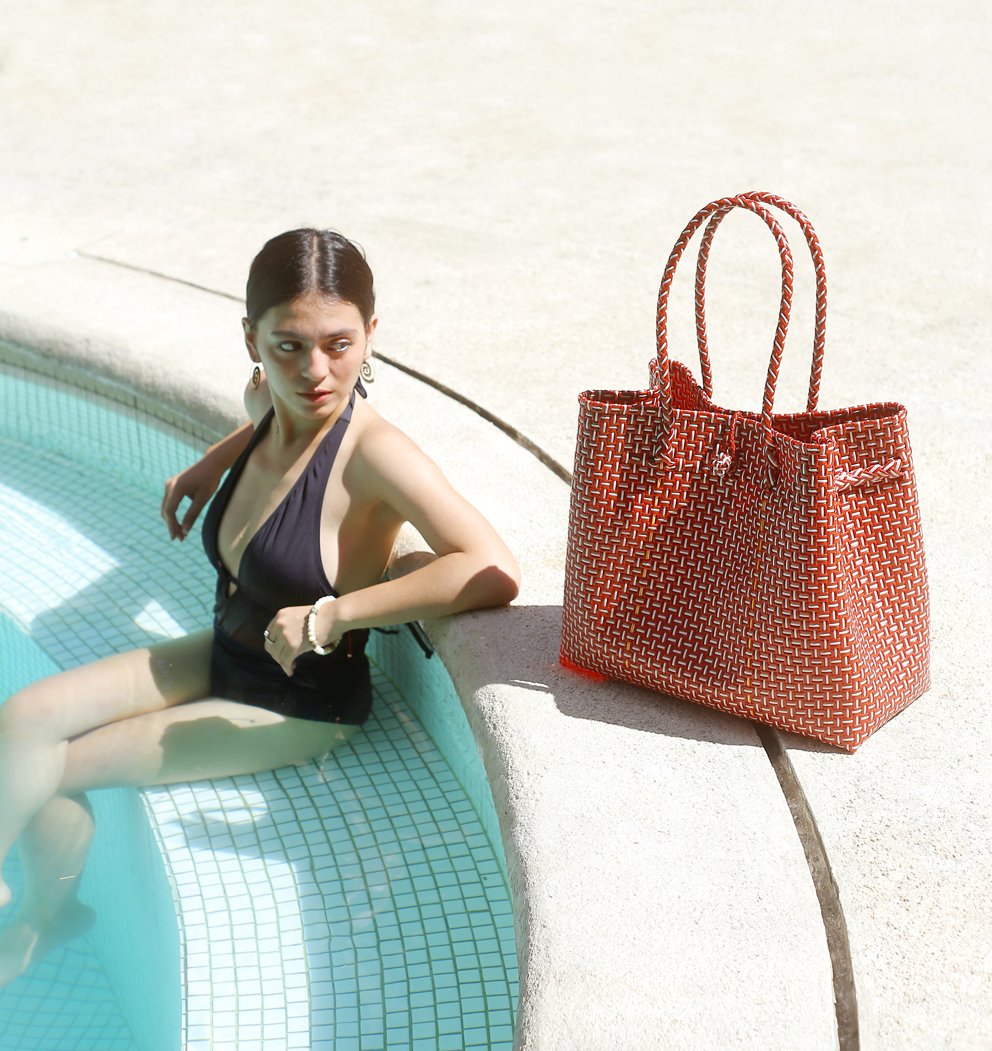 BAZARA Recycled Woven Tote Bag, Red & White