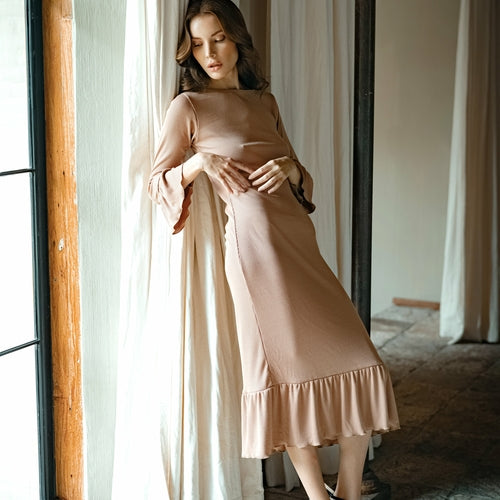 Camélia Camel Brown Ribbed Viscose Midi Dress