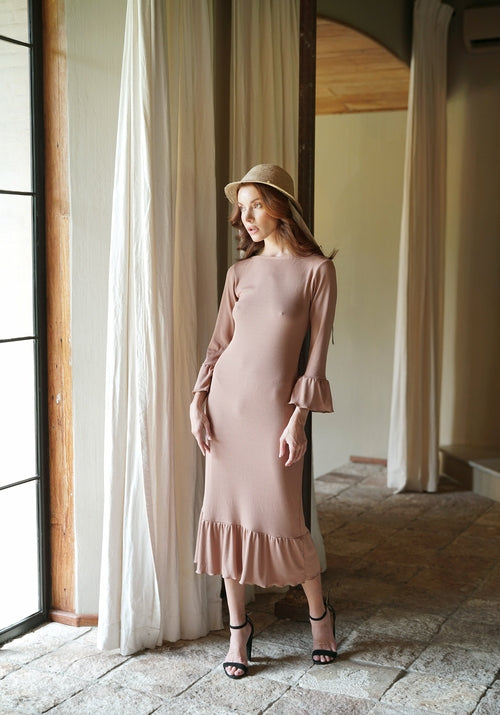 Camélia Camel Brown Ribbed Viscose Midi Dress