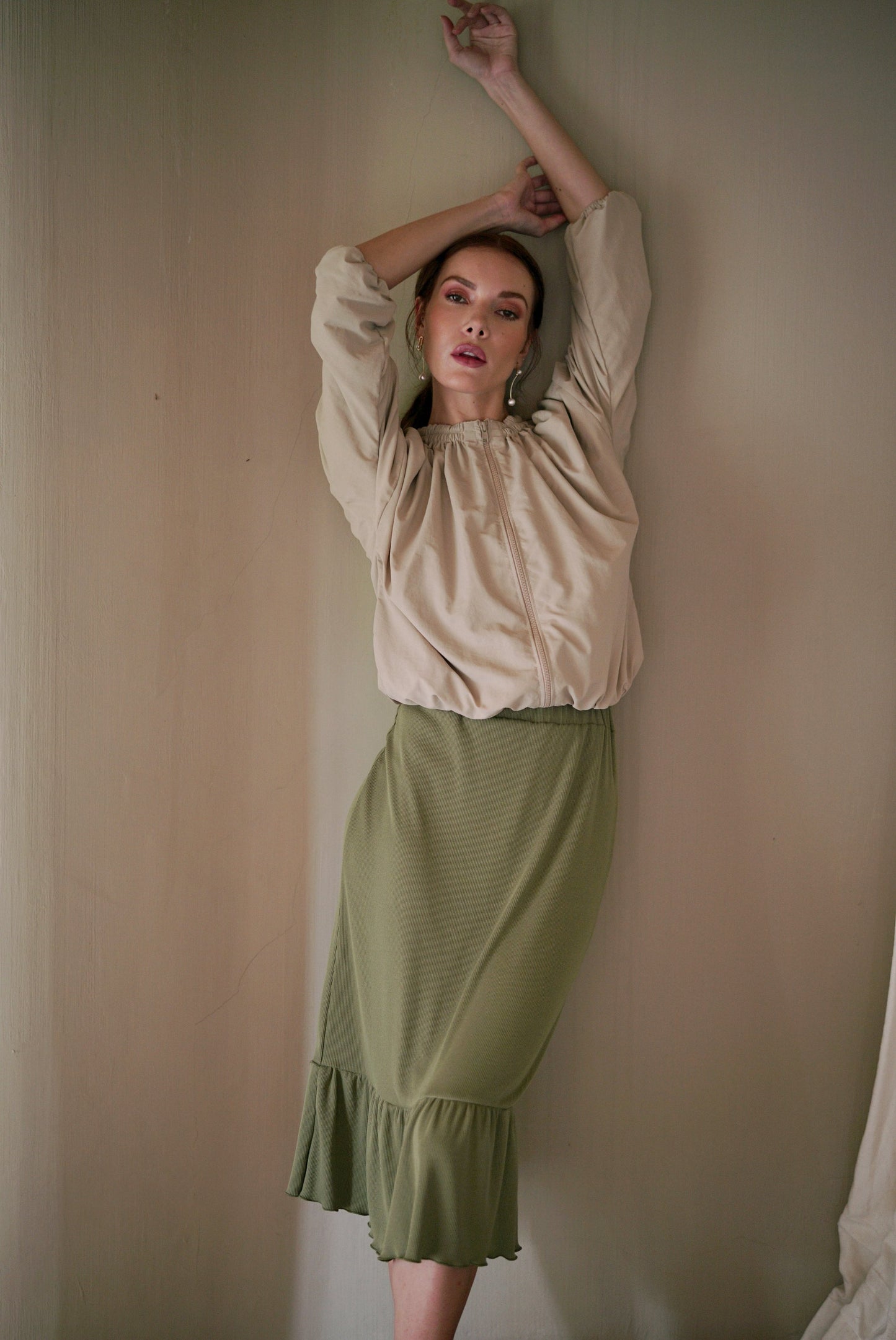 Nuvia Ruffle Jacket in Sand Beige