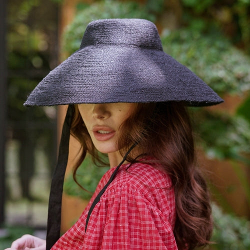 NYRA Black Wide Brim Jute Hat