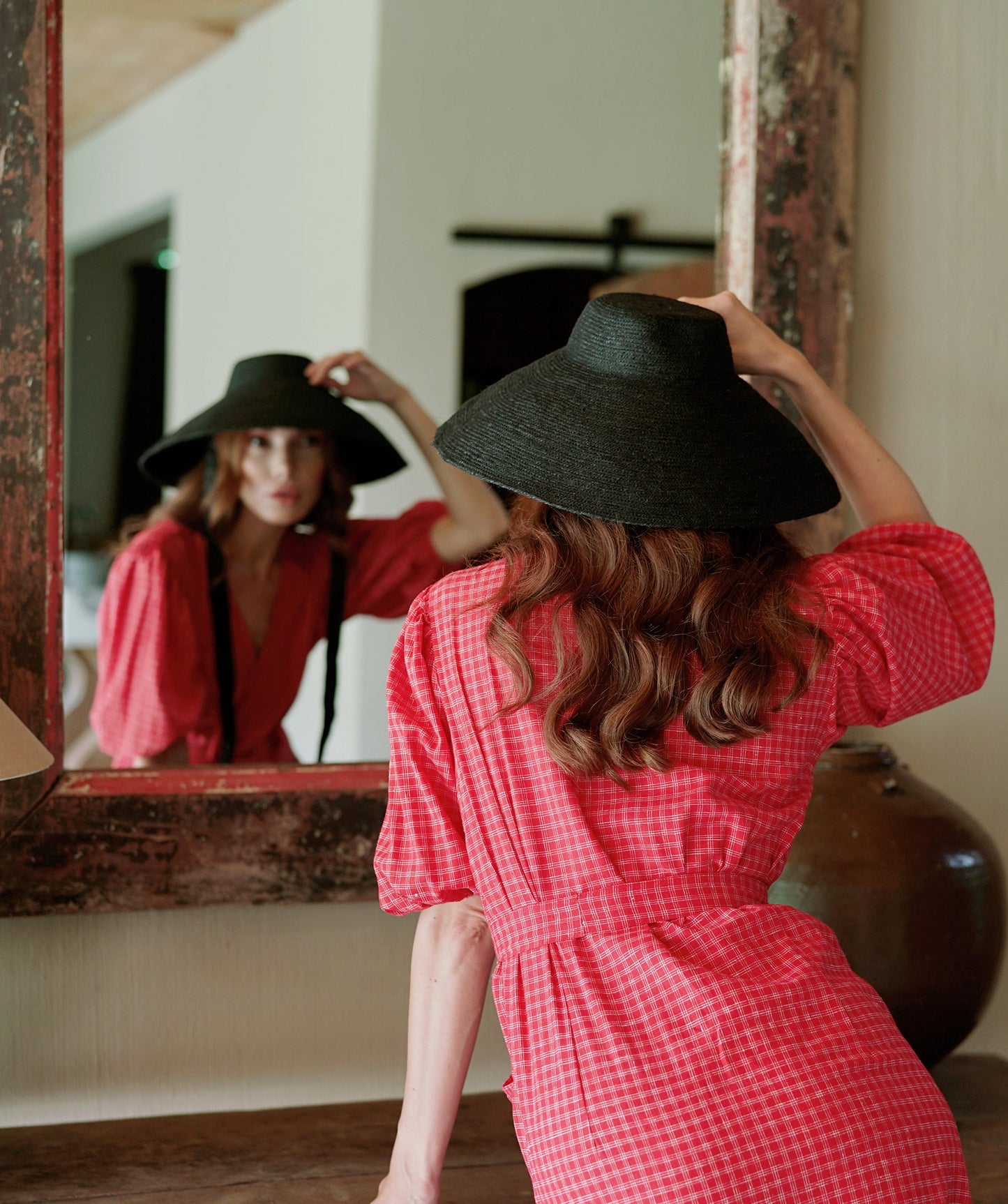 NYRA Black Wide Brim Jute Hat