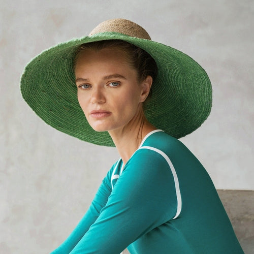 ZELDA Duo Jute Wide-Brim Hat, Natural & Kelly Green