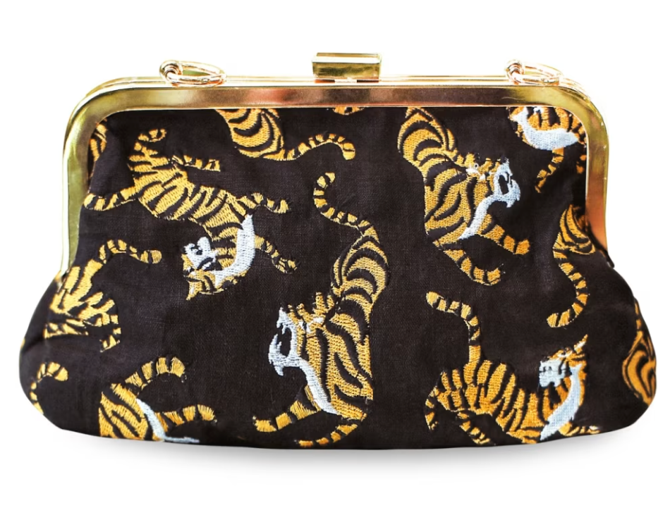 RAUNG Tiger-Print Linen Clutch, Black