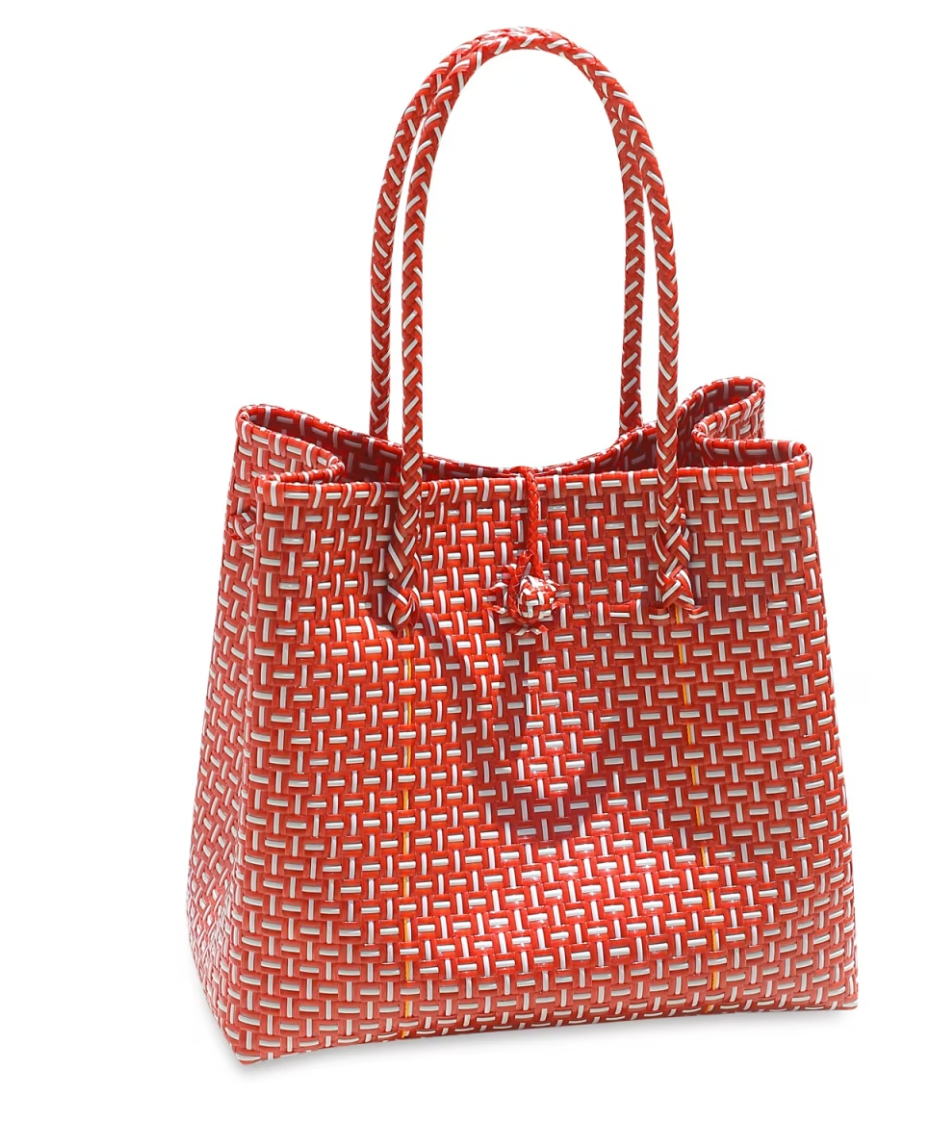 BAZARA Recycled Woven Tote Bag, Red & White