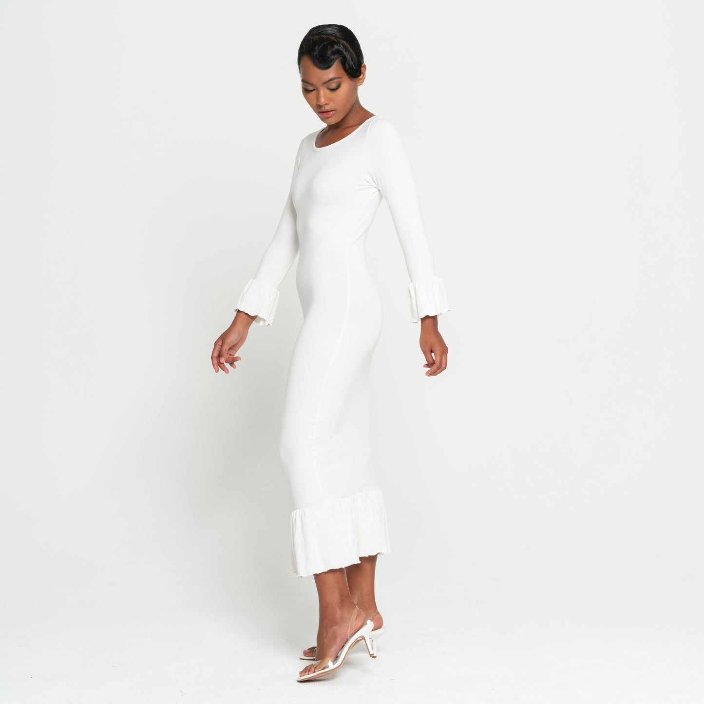 Camélia White Ribbed Viscose Midi Dress