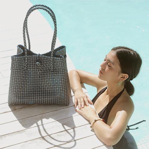 BAZARA Recycled Woven Tote Bag, Navy Blue