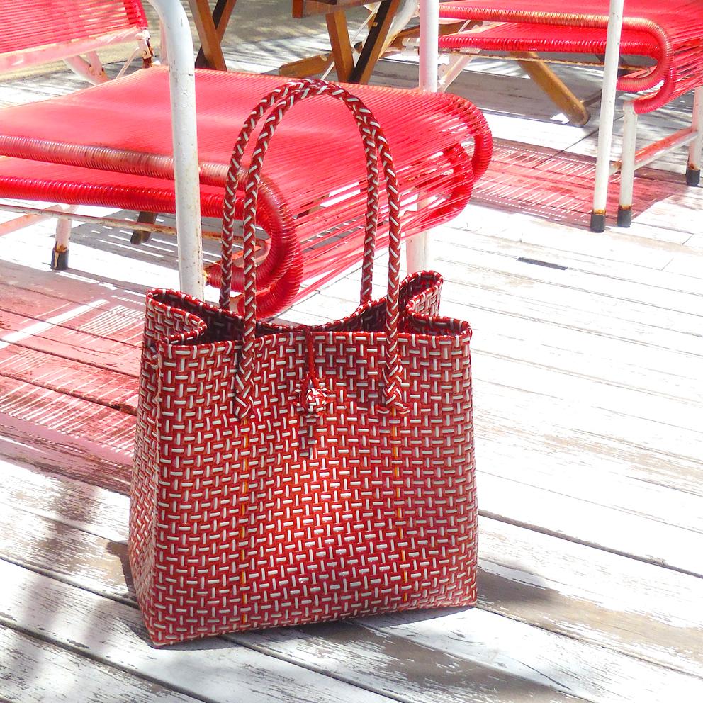BAZARA Recycled Woven Tote Bag, Red & White