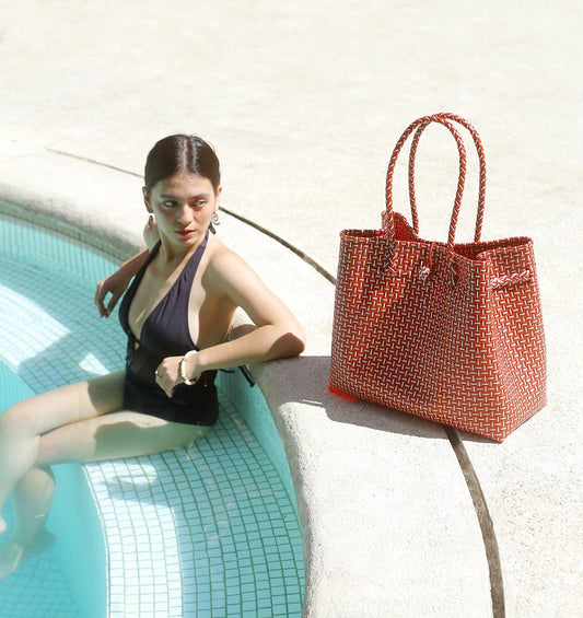 BAZARA Recycled Woven Tote Bag, Red & White