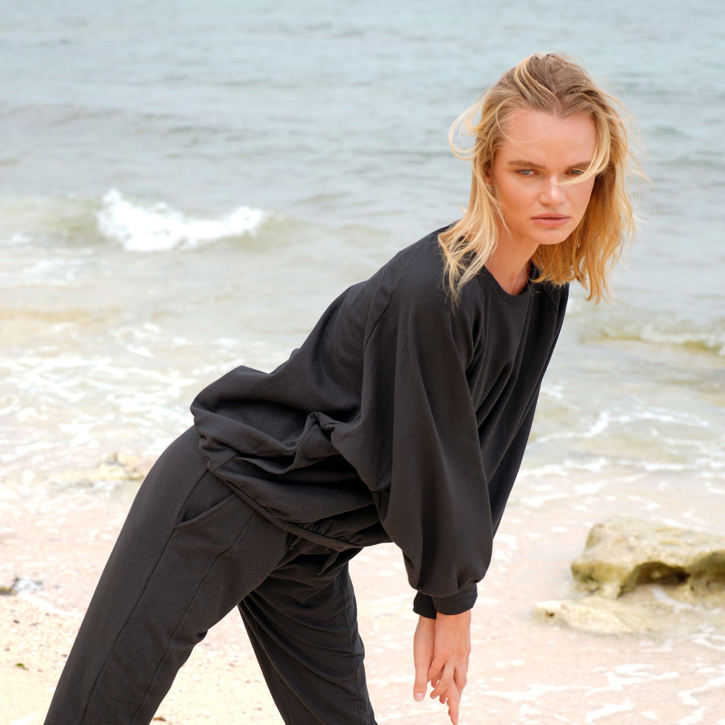 Halora Black Bamboo Fleece Oversized Sweater