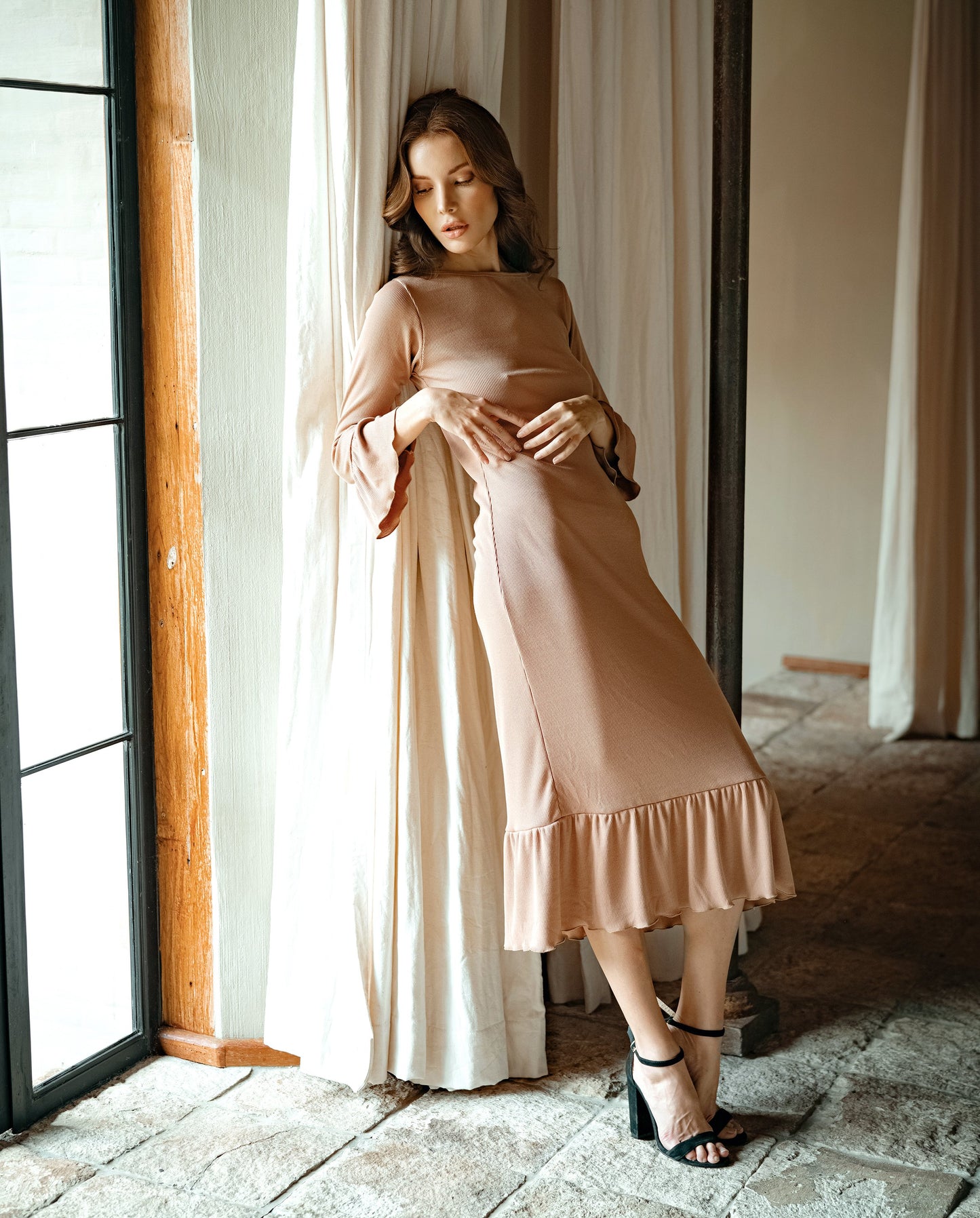 Camélia Camel Brown Ribbed Viscose Midi Dress