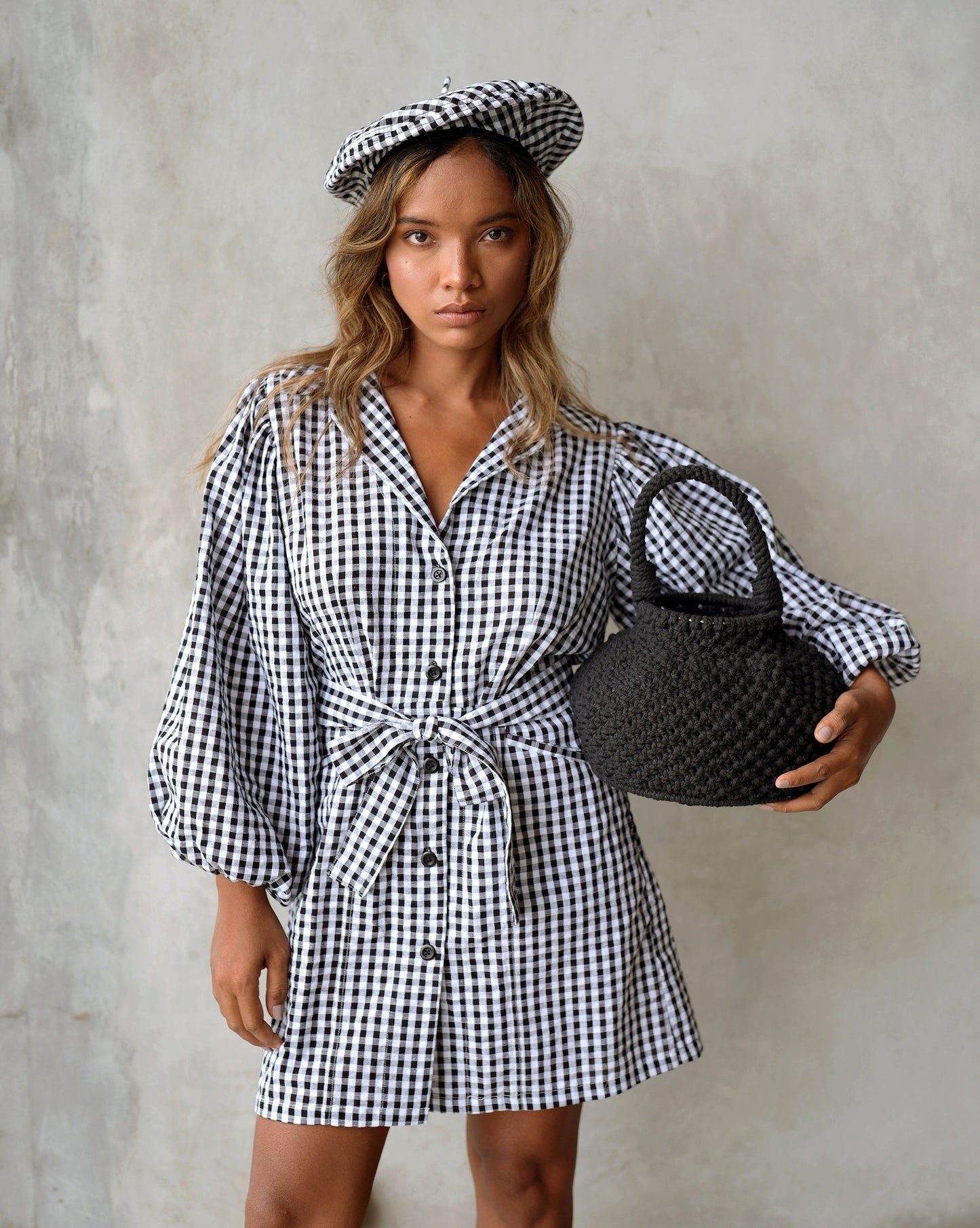 Maelys Gingham Black and White Cotton Mini Dress