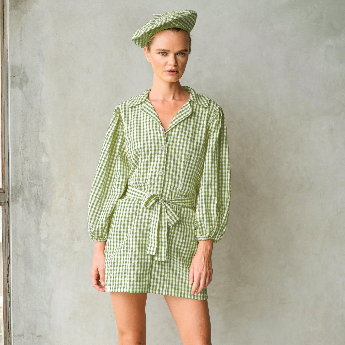 Maelys Gingham Olive Green Cotton Mini Dress