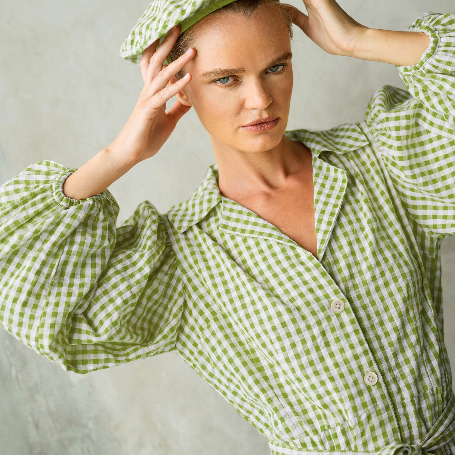 Maelys Gingham Olive Green Cotton Mini Dress