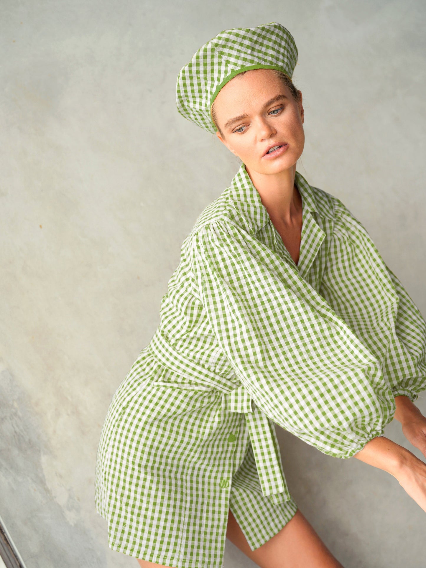 Maelys Gingham Olive Green Cotton Mini Dress