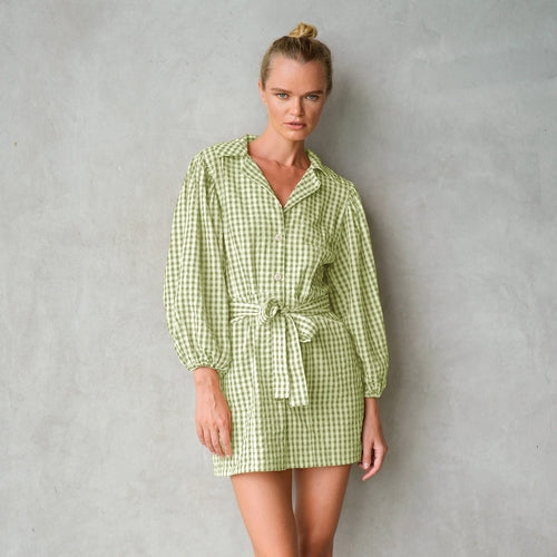 Maelys Gingham Olive Green Cotton Mini Dress