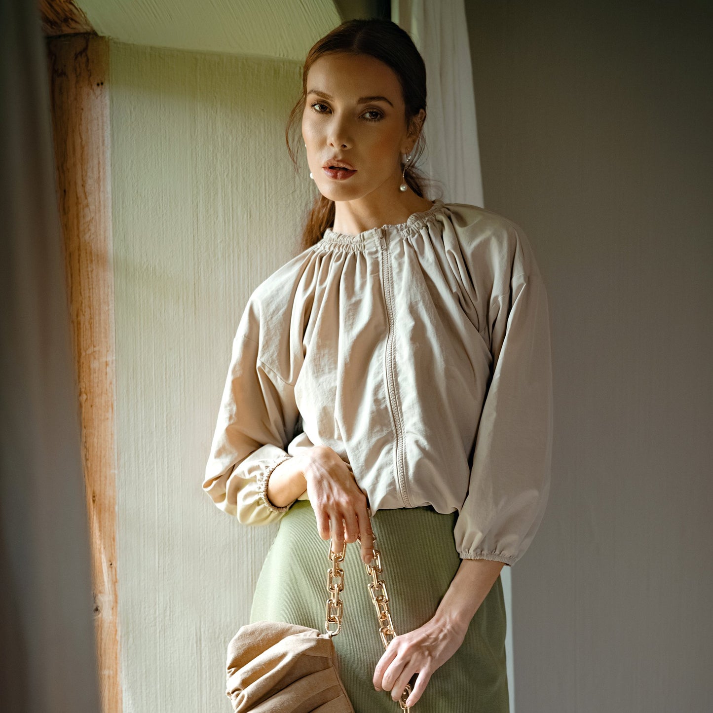 Nuvia Ruffle Jacket in Sand Beige