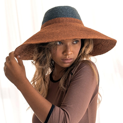 ZELDA Duo Jute Wide-Brim Hat, Sienna & Black