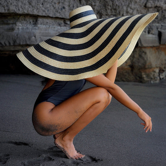 MAEVA Oversized Striped Straw Hat, Black & Natural
