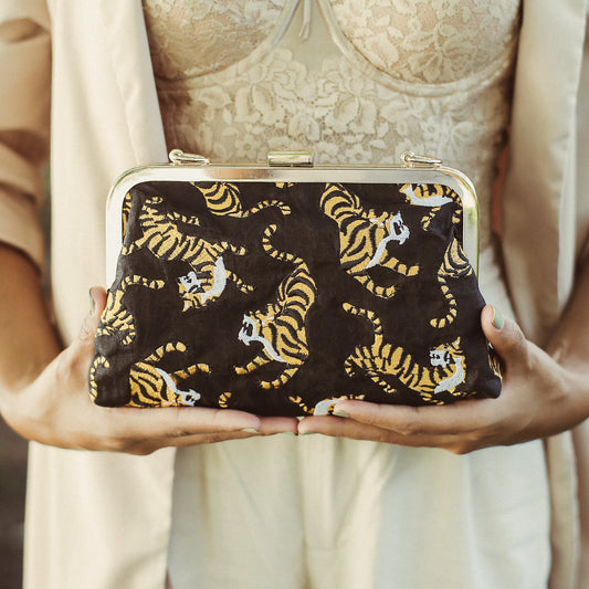RAUNG Tiger-Print Linen Clutch, Black