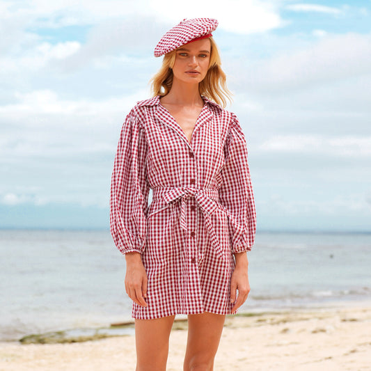 Maelys Gingham Red Cotton Mini Dress